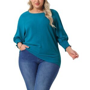 Plus Size Chiffon Tops Batwing Ruffle Elbow Sleeve Loose Shirts Lake Blue